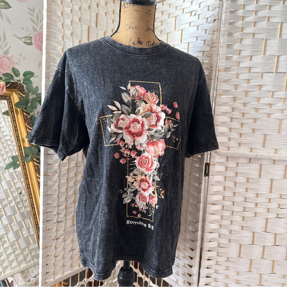 Floral Cross Romans 6:6 T-Shirt